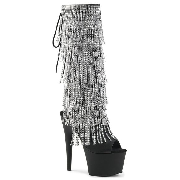 Pleaser Adore 2024RSF Black and Silver Fringe Knee High Boots